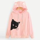 Romwe Plus Cat Print Hooded Sweatshirt