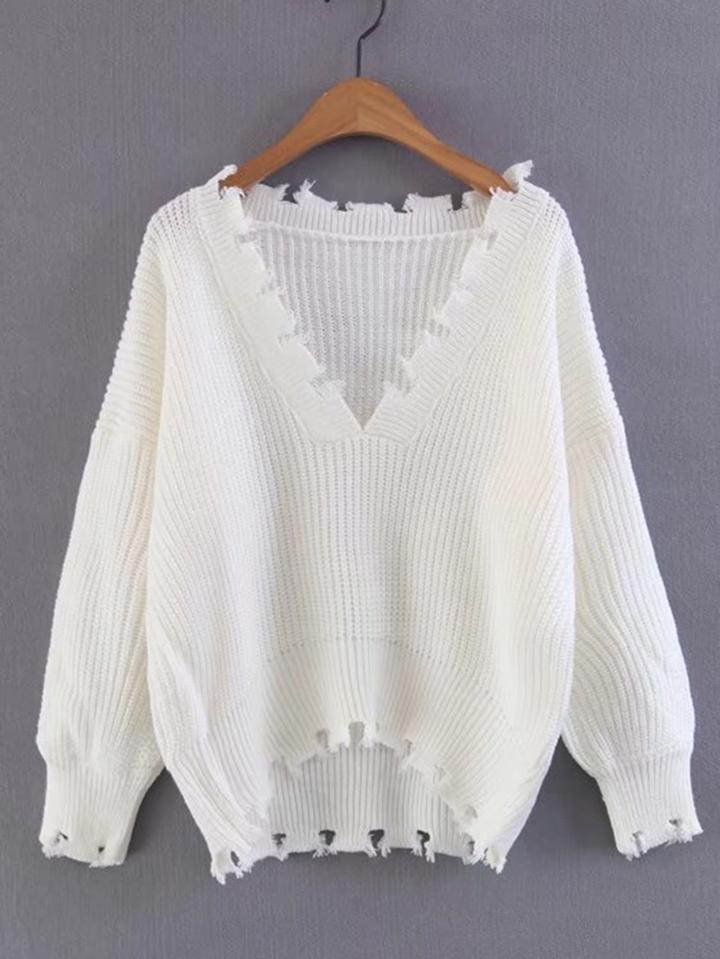 Romwe V Neckline Dip Hem Ripped Sweater