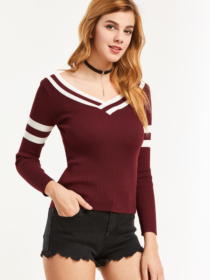 Romwe Burgundy Striped Trim Double V Neck Ribbed Knitwear