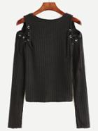 Romwe Black Open Shoulder Lace Up Ribbed T-shirt