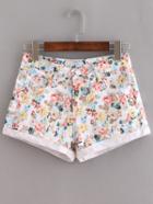 Romwe Rolled Hem Flower Print Shorts - Multicolor