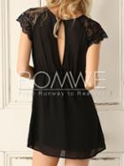 Romwe Black Cap Sleeve With Lace Dress