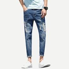 Romwe Men Skull Print Destroyed Skinny Jeans