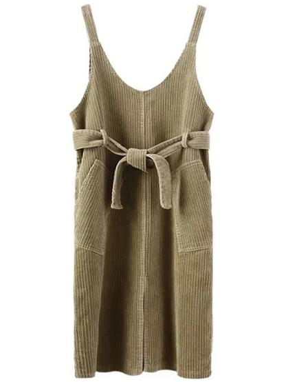 Romwe Split Corduroy Suspender Green Dress With Pockets