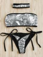 Romwe Sequin Overlay Bandeau Bikini Set With Choker