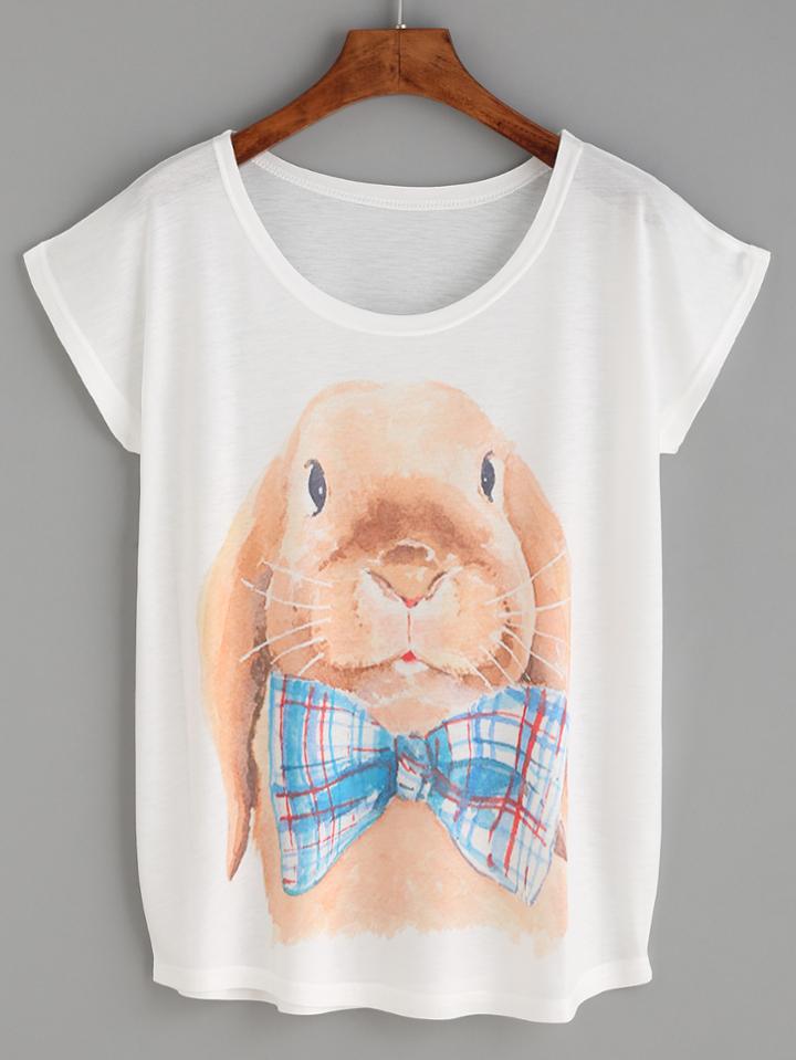 Romwe White Rabbit Print T-shirt