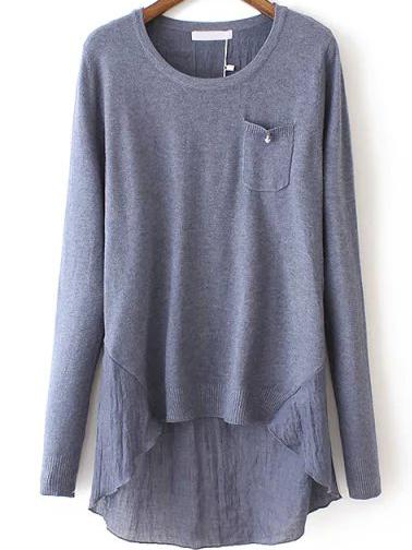 Romwe Dip Hem Contrast Hem Pocket Purple Sweater