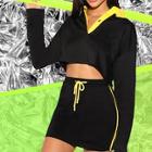 Romwe Contrast Collar Crop Top & Drawstring Waist Skirt Set