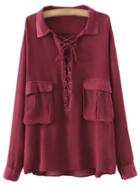 Romwe Dark Red Long Sleeve Pockets Lace Up Blouse