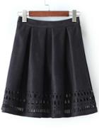 Romwe Hollow Out Suede Pleated Black Skirt