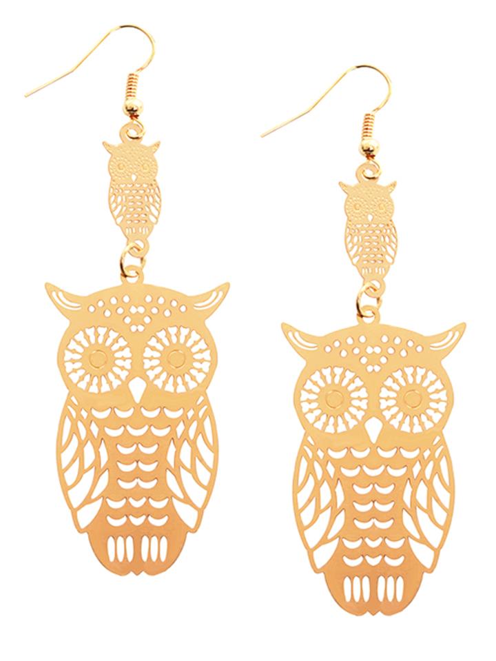 Romwe Gold Plated Hollow Out Owl Drop Earrings
