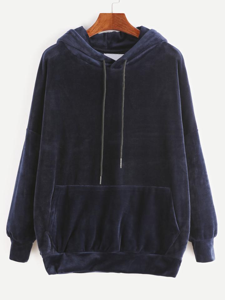 Romwe Navy Drop Shoulder Drawstring Hooded Pocket Velvet Sweatshirt