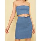 Romwe Solid Frill Shirred Tube Top & Skirt