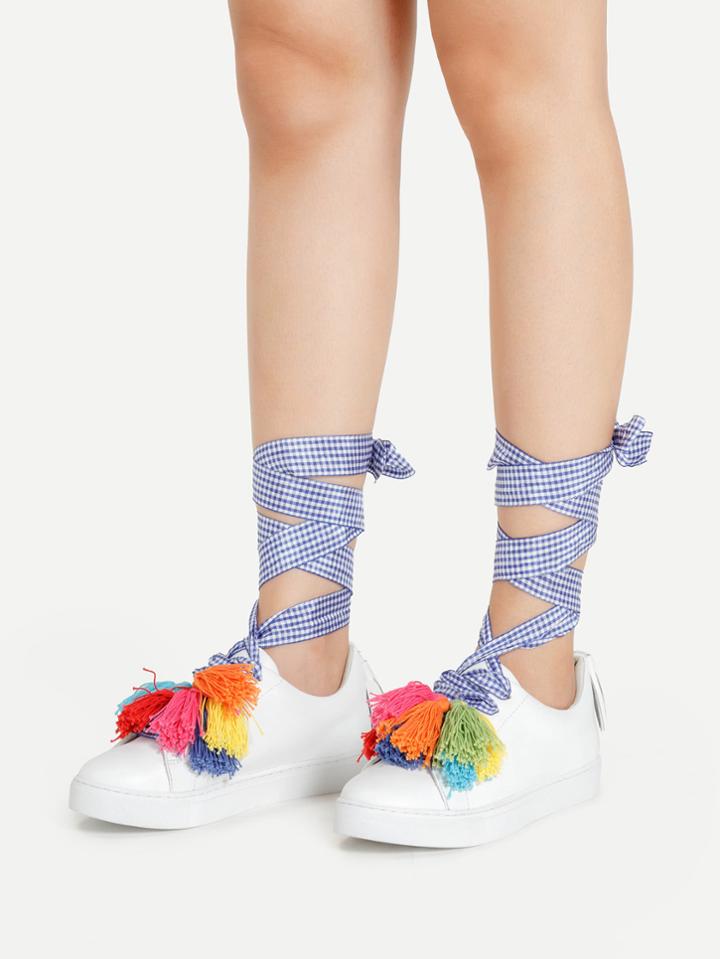Romwe Tassel Embellished Pu Sneakers With Gingham Strap