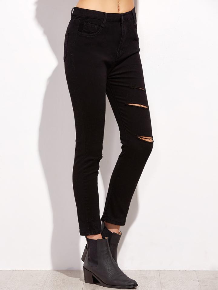 Romwe Black Ripped Frayed Hem Skinny Pants