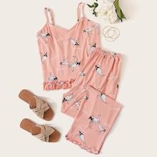 Romwe Crane Print Frill Trim Cami Pj Set