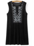 Romwe Black Embroidery V Neck Velvet Tank Dress