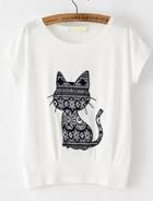 Romwe Cat Pattern Patch T-shirt