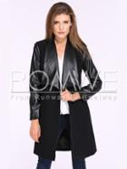 Romwe Black Contrast Pu Leather Pockets Woolen Coat