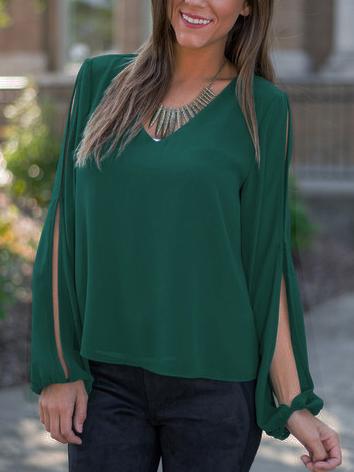 Romwe V Neck Slit Dip Hem Chiffon Blouse