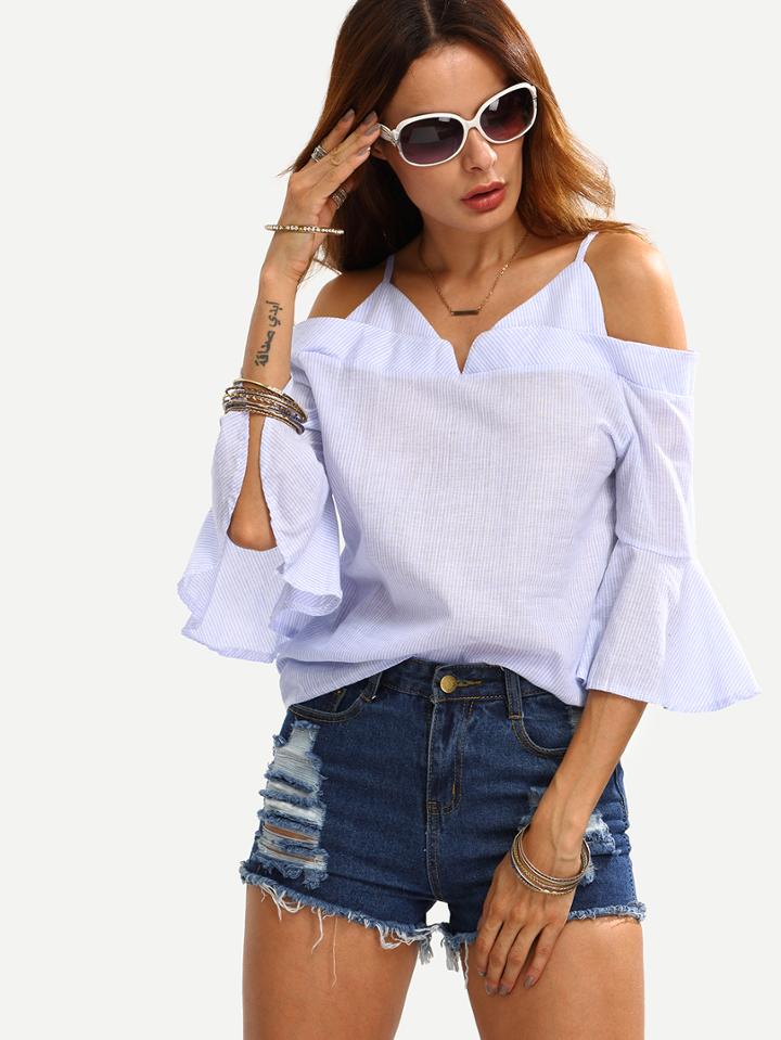 Romwe Cold Shoulder Bell Sleeve Vertical Striped Top - Blue