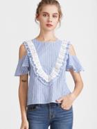 Romwe Blue Striped Eyelet Embroidered Ruffle Trim Cold Shoulder Top