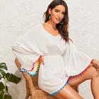 Romwe Pompom Detail Exaggerate Bell Sleeve Cover Up