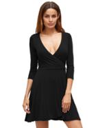 Romwe Black Deep V Neck Wrap Front Flowing Dress