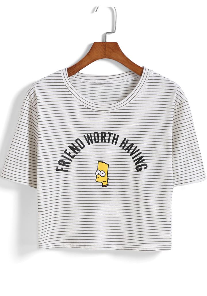 Romwe Dark Green Striped Simpson Print T-shirt