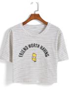 Romwe Dark Green Striped Simpson Print T-shirt