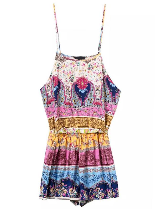 Romwe Spaghetti Strap Florals Bow Purple Romper