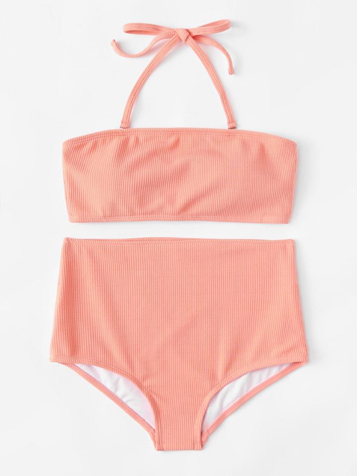 Romwe Ribbed High Waist Bikini Set