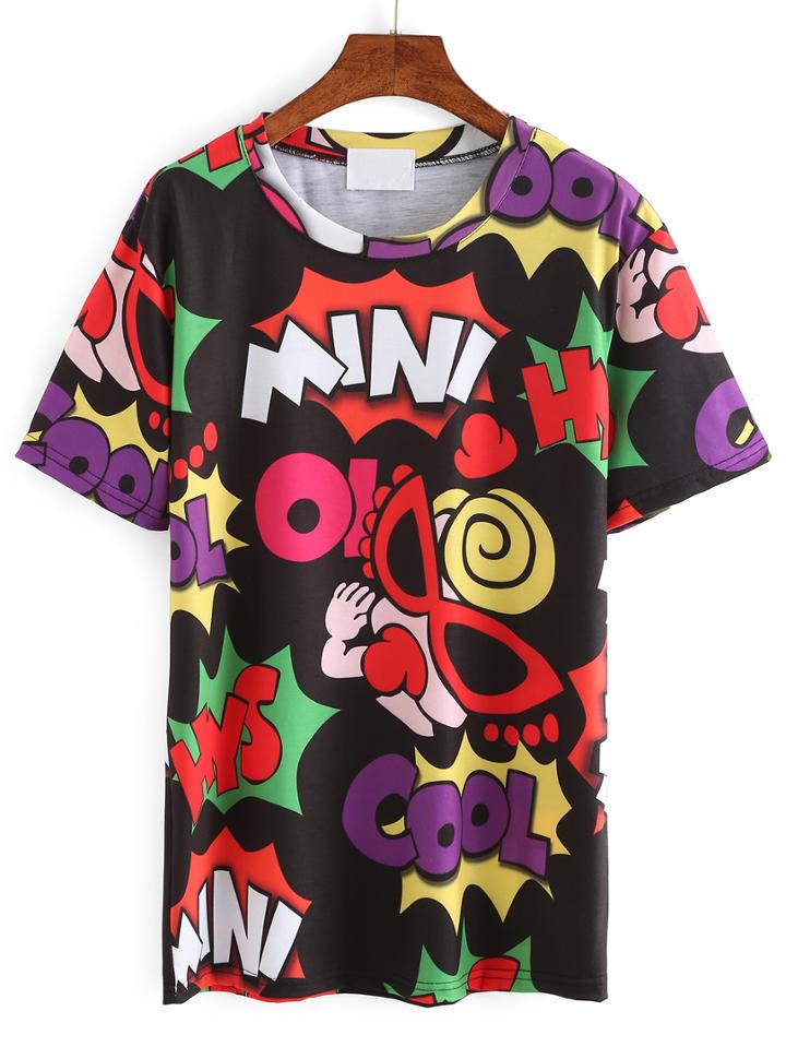 Romwe Black Cartoon Print T-shirt