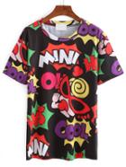 Romwe Black Cartoon Print T-shirt