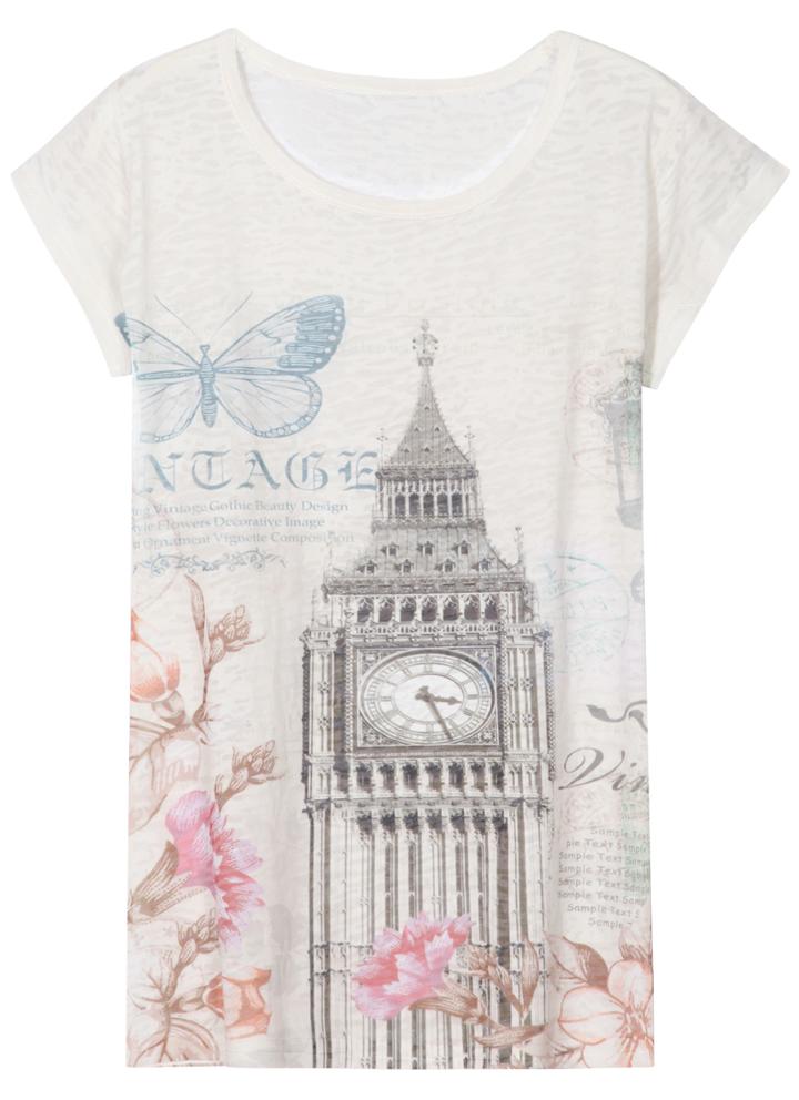 Romwe Bell Butterfly Print Round Neck White T-shirt