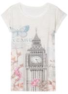 Romwe Bell Butterfly Print Round Neck White T-shirt