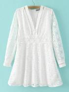 Romwe White Long Sleeve V Neck Zipper Lace Dress