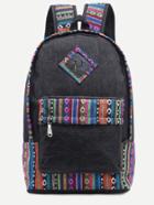 Romwe Black Striped Embroidered Tape Detail Canvas Backpack