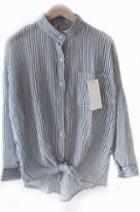 Romwe Stand Collar Vertical Striped With Pocket Blouse