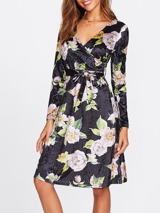 Romwe Flower Print Velvet Surplice Wrap Dress