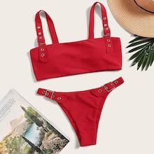 Romwe Eyelet Buckle Top With High Leg Bikini Set