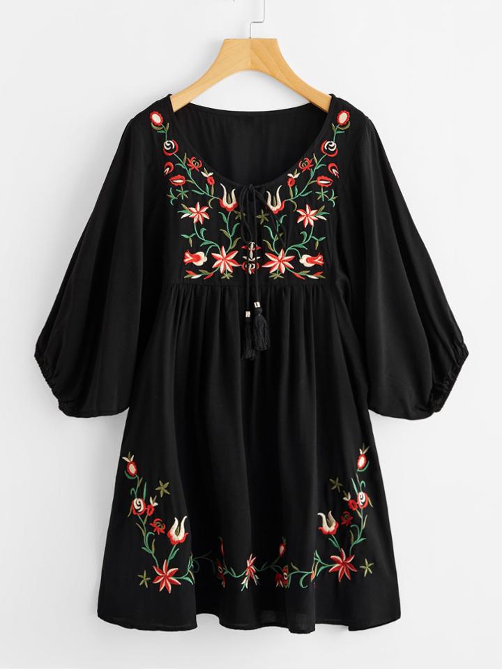 Romwe Tasseled Tie Neck Lantern Sleeve Embroidered Smock Dress