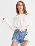 Romwe Ruffle Off The Shoulder Bell Sleeve Shirred Top