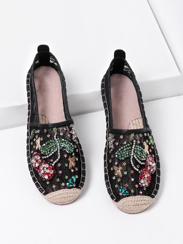 Romwe Rhinestone Decorated Flower Pattern Lace Flats