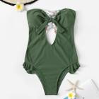 Romwe Striped Ruffle Cut-out Knot Bandeau One Piece Swimwear