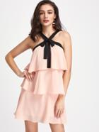 Romwe Contrast Bow Tie V Strap Front Layered Flounce Dress