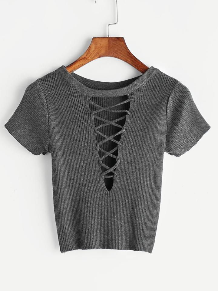 Romwe Crisscross Plunge V-cut Knit Tee