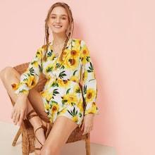 Romwe Floral Print Ruffle Trim Flounce Sleeve Jumpsuit