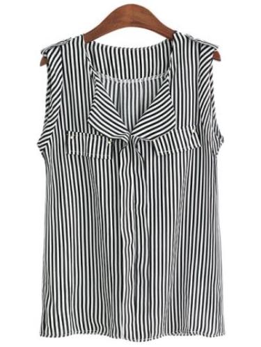 Romwe Black Striped Sleeveless Chiffon Blouse