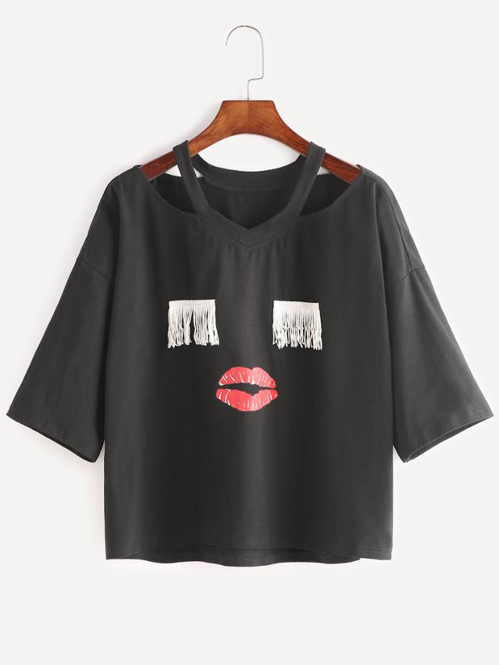 Romwe Black Cutout Neck Applique Face T-shirt